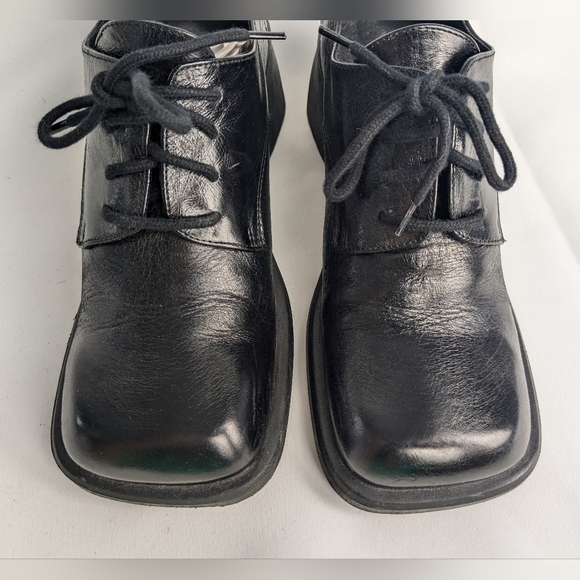 L'INTERVALLE Black Glossy Leather Block Heel Laces Shoes Square Tip Size 37 - Picture 3 of 10